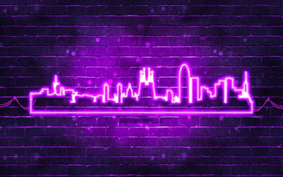 Barcelona violet neon silhouette, 4k, violet neon lights, Barcelona skyline silhouette, violet brickwall, spanish cities, neon skyline silhouettes, Spain, Barcelona silhouette, Barcelona