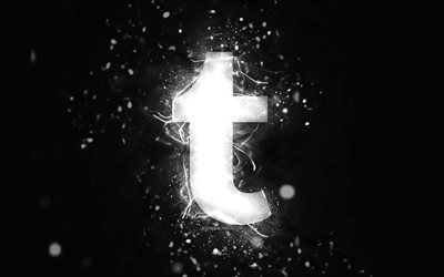 logotipo blanco de tumblr, 4k, luces de ne&#243;n blancas, creativo, fondo abstracto negro, logotipo de tumblr, red social, tumblr