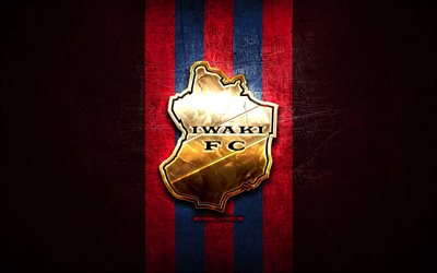 Iwaki FC, golden logo, J3 League, purple metal background, football, japanese football club, Iwaki FC logo, FC Iwaki