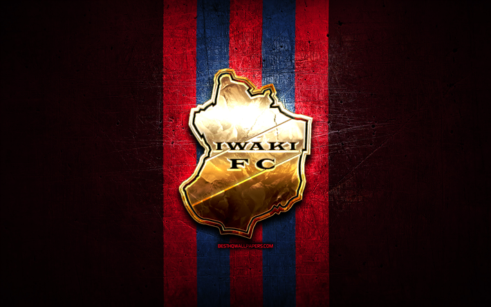 Iwaki FC, golden logo, J3 League, purple metal background, football, japanese football club, Iwaki FC logo, FC Iwaki