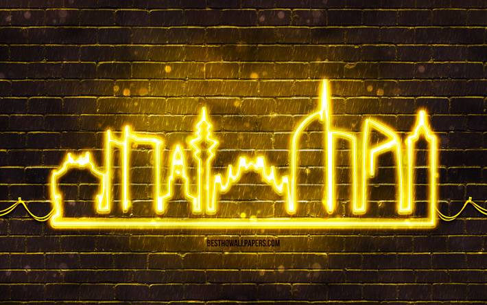 silhouette de n&#233;on jaune de milan, 4k, n&#233;ons jaunes, silhouette d horizon de milan, mur de brique jaune, villes italiennes, silhouettes d horizon de n&#233;on, italie, silhouette de milan, milan