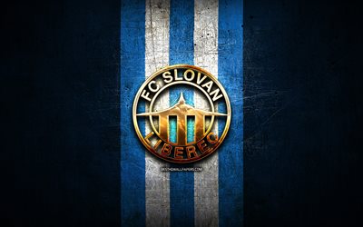 スロヴァンリベレツfc, 金色のロゴ, チェコファーストリーグ, 青い金属の背景, フットボール, チェコのサッカークラブ, fcスロヴァンリベレツのロゴ, サッカー, fcスロヴァンリベレツ