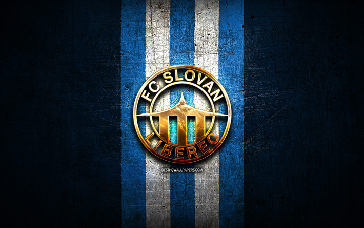 Slovan Liberec FC, golden logo, Czech First League, blue metal background, football, czech football club, FC Slovan Liberec logo, soccer, FC Slovan Liberec