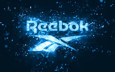 reebok logo blu, 4k, luci al neon blu, creativo, sfondo astratto blu, logo reebok, marchi, reebok