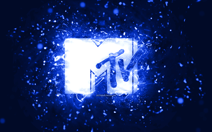 MTV dark blue logo, 4k, dark blue neon lights, creative, dark blue abstract background, Music Television, MTV logo, brands, MTV