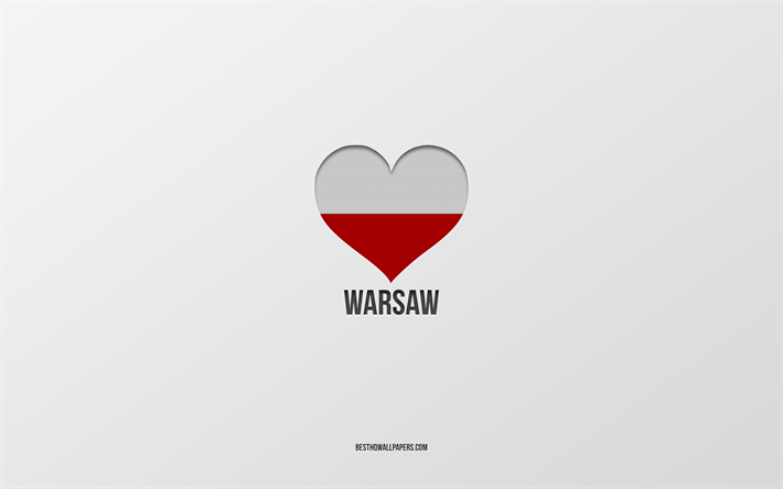 amo varsovia, ciudades polacas, d&#237;a de varsovia, fondo gris, varsovia, polonia, coraz&#243;n de la bandera polaca, ciudades favoritas