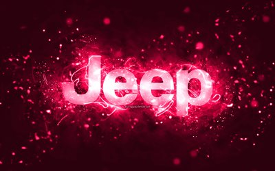 Jeep pink logo, 4k, pink neon lights, creative, pink abstract background, Jeep logo, cars brands, Jeep