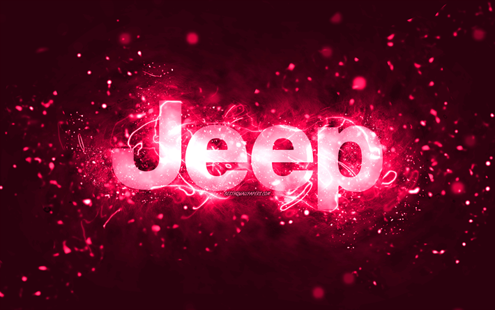 logotipo rosa de jeep, 4k, luces de ne&#243;n rosas, creativo, fondo abstracto rosa, logotipo de jeep, marcas de autom&#243;viles, jeep