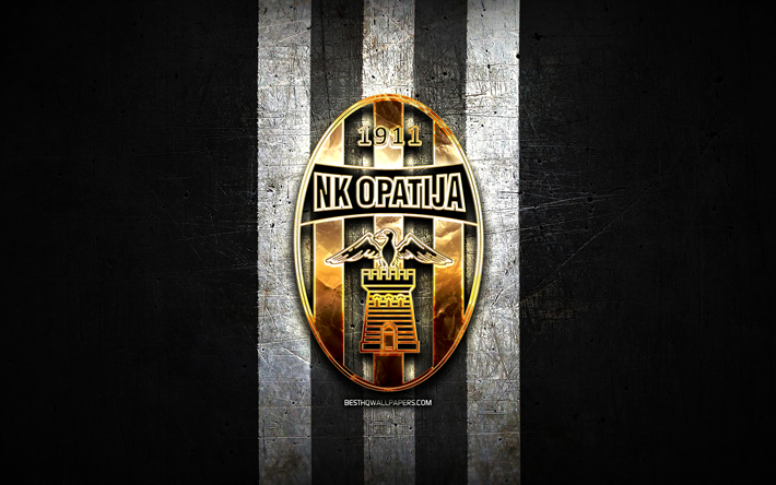 opatija fc, gyllene logotyp, hnl, svart metallbakgrund, fotboll, kroatiska fotbollsklubben, nk opatija logotyp, nk opatija
