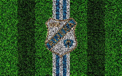 HNK Rijeka, 4k, football lawn, logo, Croatian football club, white blue lines, grass texture, HNL, Rijeka, Croatia, football, Croatian First Football League, Rijeka FC