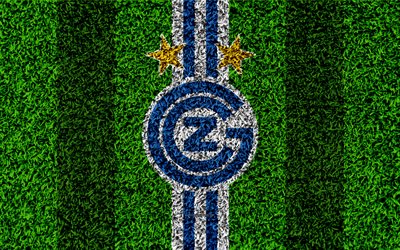 Grasshoppers FC, 4k, logo, football lawn, swiss soccer club, white blue lines, Swiss Super League, Zurich, Switzerland, football, grass texture