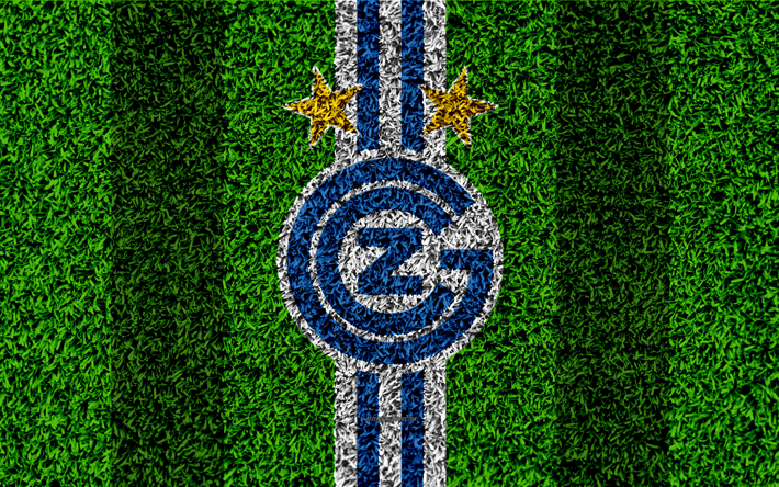 Grasshoppers FC, 4k, logo, football lawn, swiss soccer club, white blue lines, Swiss Super League, Zurich, Switzerland, football, grass texture