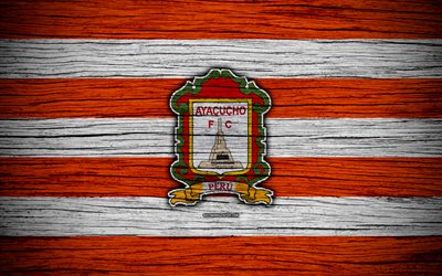 Ayacucho FC, 4k, Peruvian Primera Division, soccer, football, Peru, Ayacucho, football club, wooden texture, FC Ayacucho