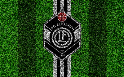 FC Lugano, 4k, logo, calcio prato, svizzera club di calcio, bianco nero righe, Super League Svizzera, Lugano, Svizzera, calcio, erba texture