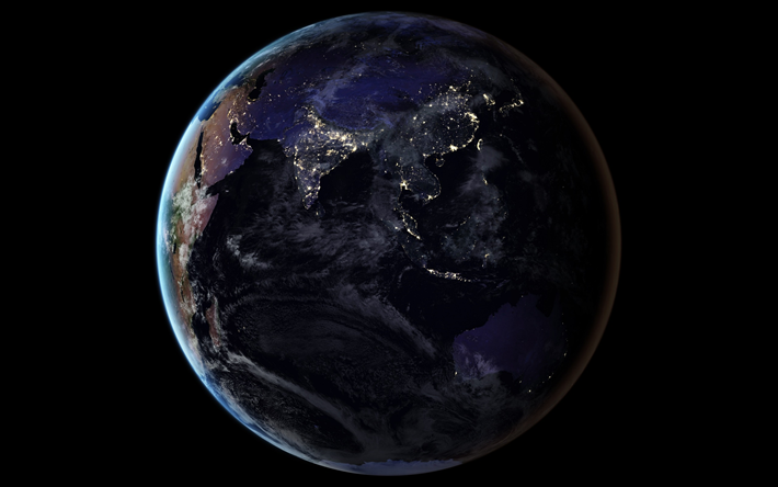 La terra dallo spazio, la Terra di notte, le luci della citt&#224;, dallo spazio, Indiano, Oceano, pianeta, l&#39;Asia, la Terra, l&#39;Australia, i continenti