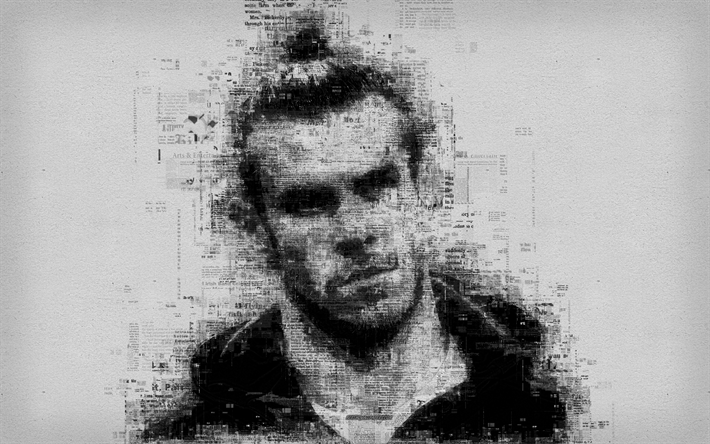 Gareth Bale, 4k, Walesiska fotbollsspelare, portr&#228;tt, ansikte fr&#229;n brev, typografi, affisch, Real Madrid, Spanien, La Liga, tidningen art portr&#228;tt