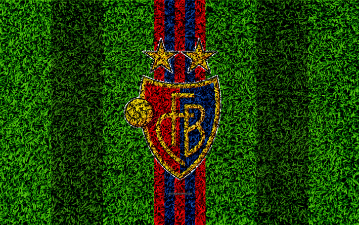 Basel FC, 4k, logo, football lawn, swiss football club, red blue lines, Swiss Super League, Basel, Switzerland, football, grass texture
