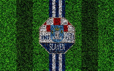 NK Slaven Belupo, 4k, le football pelouse, logo, croate, club de football, blanc, bleu lignes, texture d&#39;herbe, HNL, Koprivnica, la Croatie, le football, le Premier croate de Football de la Ligue, Slaven Belupo FC