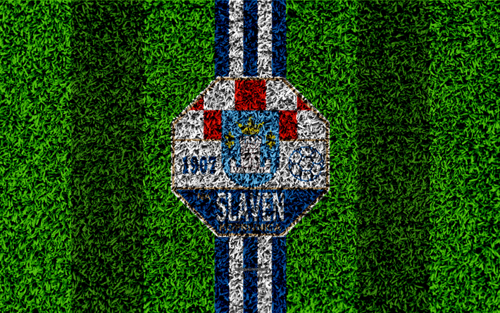 NK Slaven Belupo, 4k, football lawn, logo, Croatian football club, white blue lines, grass texture, HNL, Koprivnica, Croatia, football, Croatian First Football League, Slaven Belupo FC