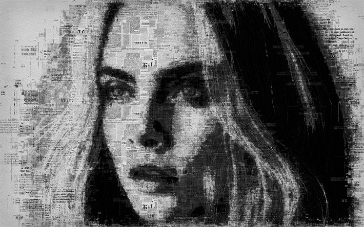Cara Delevingne, 4K, British top model, actress, portrait, newspaper art, face, face from letters, creative art