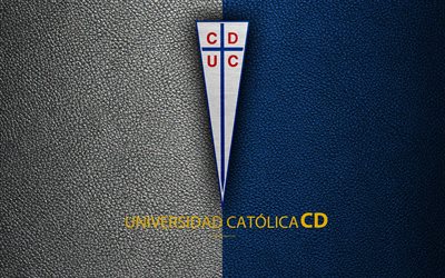 CD Universidad Catolica, 4k, logo, blue leather texture, Chilean football club, emblem, Primera Division, white blue lines, Santiago, Chile, football