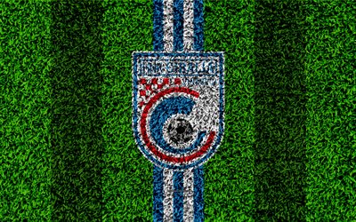 HNK Cibalia, 4k, le football pelouse, Cibalia logo, croate, club de football, blanc, bleu lignes, texture d&#39;herbe, HNL, Vinkovci, Croatie, le football, le Premier croate de Football de la Ligue