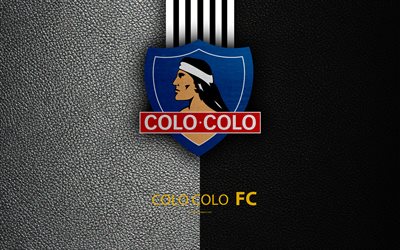 كولو كولو FC, 4k, شعار, الأبيض الأسود جلدية الملمس, التشيلي لكرة القدم, Primera Division, البيضاء خطوط سوداء, سانتياغو, شيلي, كرة القدم, CSD كولو كولو