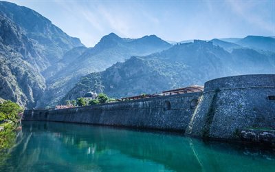Old City, 4k, Kotor, lake, Tower Campana, dam, Montenegro, summer, Europe