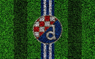 GNK Dinamo Zagreb, 4k, football lawn, logo, Croatian football club, white blue lines, grass texture, HNL, Zagreb, Croatia, football, Croatian First Football League, Dinamo