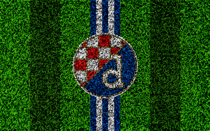 GNK Dinamo Zagreb, 4k, le football pelouse, logo, croate, club de football, blanc, bleu lignes, texture d&#39;herbe, HNL, &#224; Zagreb, en Croatie, le football, le Premier croate de Football de la Ligue, Dinamo