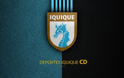 Club Deportes Iquique, 4k, logo, leather texture, Chilean football club, emblem, Primera Division, blue black lines, Iquique, Chile, football