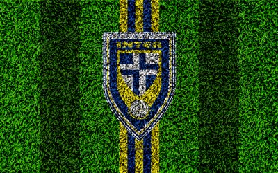NK Inter Zapresic, 4k, football lawn, logo, Croatian football club, yellow blue lines, grass texture, HNL, Zapresic, Croatia, football, Croatian First Football League, Zapresic FC