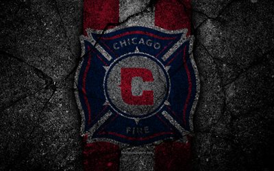 4k, Chicago Fire FC, MLS, asphalt texture, Eastern Conference, black stone, football club, USA, Chicago Fire, soccer, logo, FC Chicago Fire