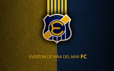 Everton de Vina del Mar FC, 4k, logo, leather texture, Chilean football club, emblem, Primera Division, blue yellow lines, Vina del Mar, Chile, football