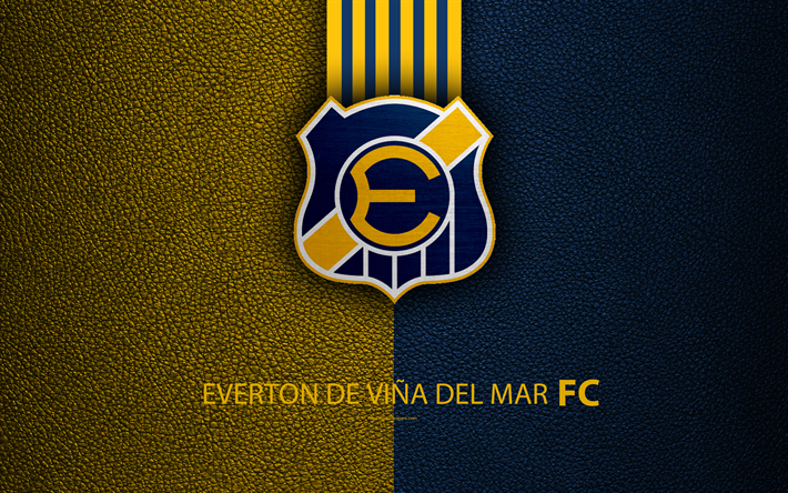 Everton Vina del Mar FC, 4k, ロゴ, 革の質感, チリのサッカークラブ, エンブレム, Primera部門, 青黄色のライン, Vina del Mar, チリ, サッカー