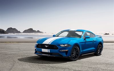 Ford Mustang, 2019, azul coup&#233; desportivo, costa, azul Mustang, carro desportivo, Pacote De Desempenho, O EcoBoost, Ford