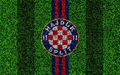 HNK Hajduk Split, 4k, le football pelouse, logo, croate, club de football, rouge, bleu lignes, texture d&#39;herbe, HNL, Split, Croatie, le football, le Premier croate de Football de la Ligue