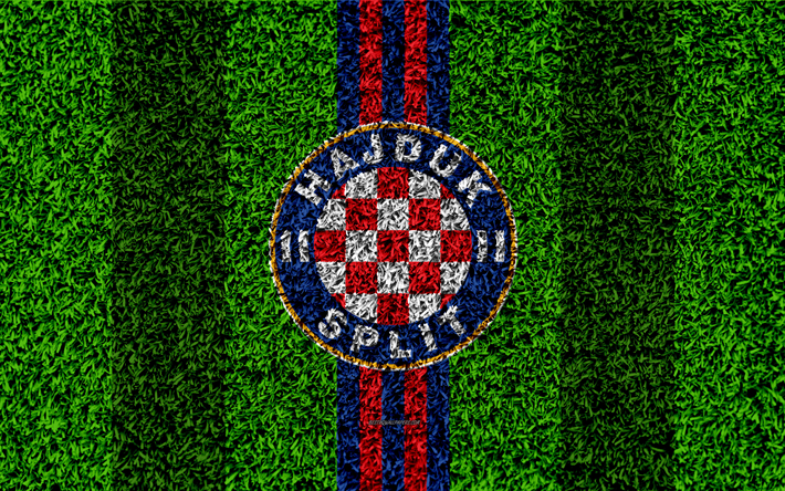 HNK Hajduk Split, 4k, fotboll gr&#228;smatta, logotyp, Kroatiska football club, r&#246;d bl&#229; linjer, gr&#228;s konsistens, HNL, Split, Kroatien, fotboll, Kroatiska F&#246;rsta Football League