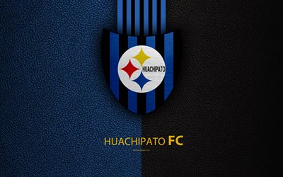 Huachipato FC, 4k, logo, leather texture, Chilean football club, emblem, Primera Division, blue black lines, Talcahuano, Chile, football, CD Huachipato