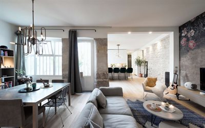 living room, modern stylish interior, gray walls, interior design of the living room