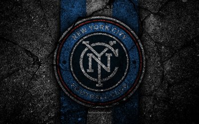 4k, New York City FC, MLS, asphalt texture, Eastern Conference, black stone, football club, USA, New York City, soccer, logo, FC New York City