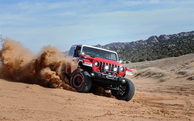 Jeep Wrangler, 2018, Jeepster, Concetto, deserto, SUV, vista frontale, esteriore, nuovo rosso Wrangler, auto Americane, Jeep