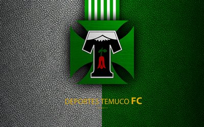 Club de Deportes Temuco, 4k, un logo, un cuir &#224; la texture, Chilienne, club de football, l&#39;embl&#232;me, Primera Division, blanc, vert lignes, Temuco, Chili, football, Deportes Temuco FC