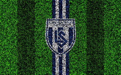 Le FC Lausanne-Sport, 4k, logo, football de la pelouse, le club suisse de football, blanc, bleu lignes, en Super League Suisse, Lausanne, Suisse, le football, la texture d&#39;herbe