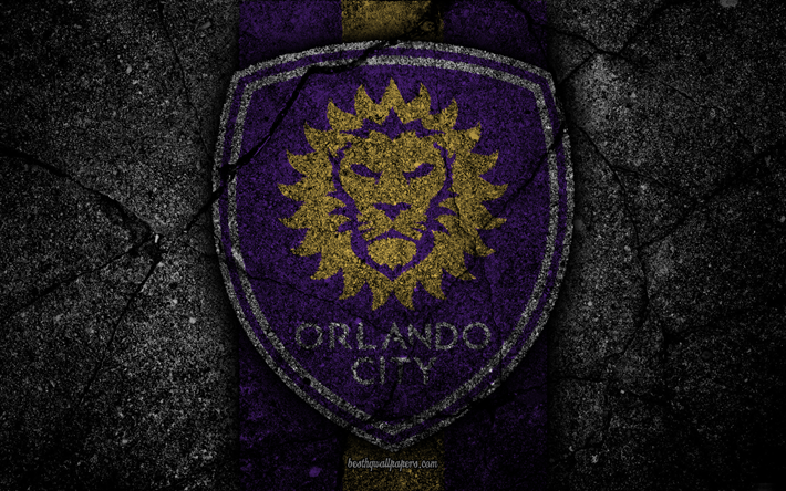 4k, Orlando City FC, İLKAY, asfalt doku, Doğu Konferansı, siyah taş, Futbol Kul&#252;b&#252;, ABD, Orlando City, futbol, logo