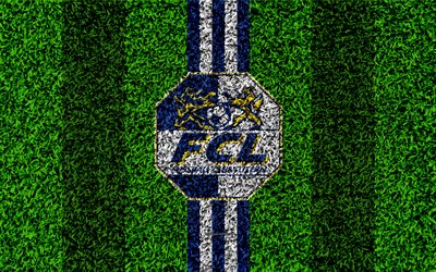 FC Luzern, 4k, logo, football lawn, swiss football club, white blue lines, Swiss Super League, Lucerne, Switzerland, football, grass texture