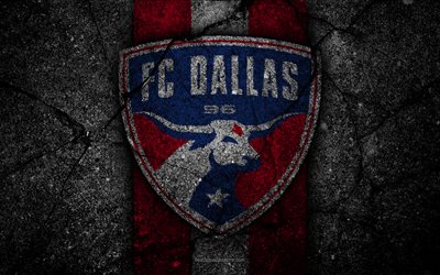 4k, FC Dallas, MLS, asphalt texture, Western Conference, black stone, football club, USA, Dallas, soccer, logo, Dallas FC