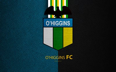 OHiggins FC, 4k, logo, deri dokusu, Şili Futbol Kul&#252;b&#252;, amblem, Lig, beyaz, yeşil, mavi &#231;izgiler, Rancagua, Şili, futbol