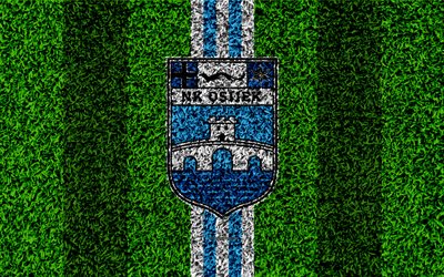 NK Osijek, 4k, football lawn, logo, Croatian football club, blue-white lines, grass texture, HNL, Osijek, Croatia, football, Croatian First Football League