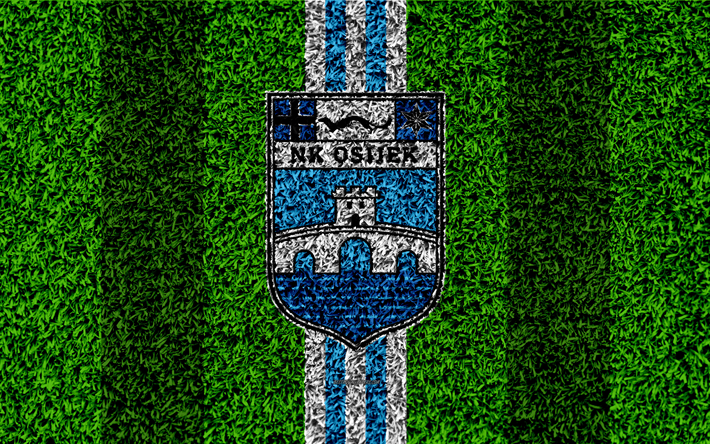 NK Osijek, 4k, le football pelouse, logo, croate, club de football, bleu-blanc lignes, texture d&#39;herbe, HNL, Osijek, en Croatie, le football, le Premier croate de Football de la Ligue